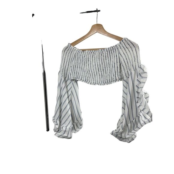 NWOT Hot & Delicious White and Blue Strip Ruffle Long Sleeve Off Shoulder Crop B - Picture 8 of 10